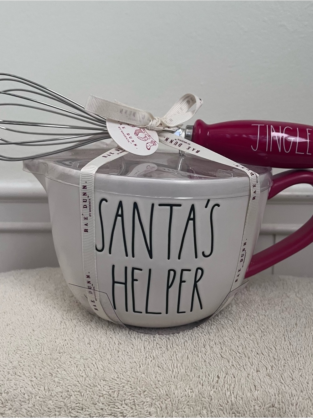 Rae Dunn "Santa's Helper" White Mixing Bowl with Red Handle